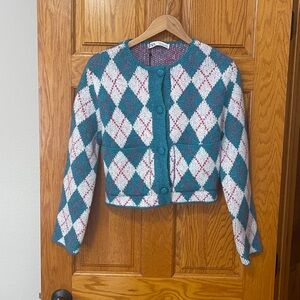 Zara Teal and White Argyle Cardigan
